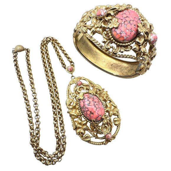 Antique Art Nouveau Czech Coral Peking Glass Gold Repousse Necklace Bracelet Set - Picture 1 of 5